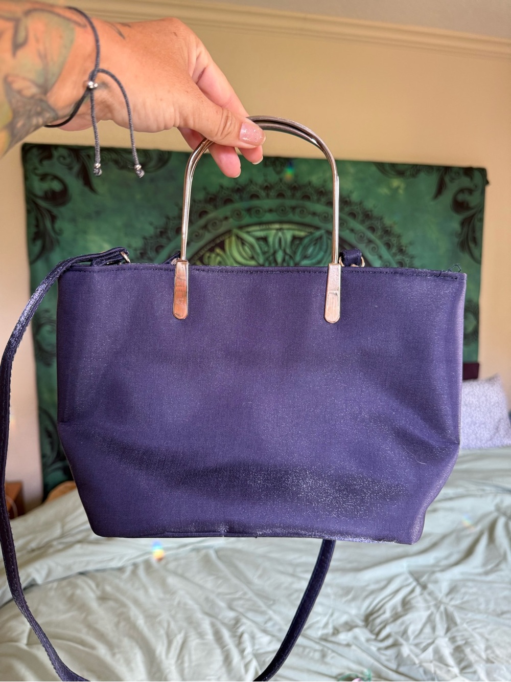 Structured Navy Shoulder Bag with Silver Tone Handles - Picture 9 of 9